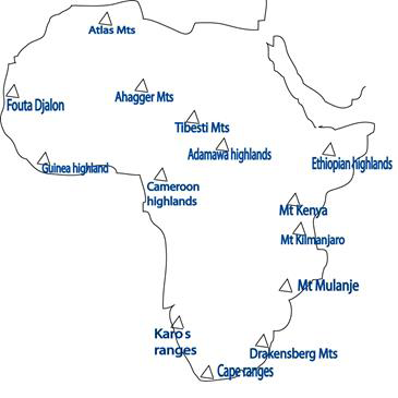 A MAP SHOWING MOUNTAINS AND HIGHLANDS OF AFRICA